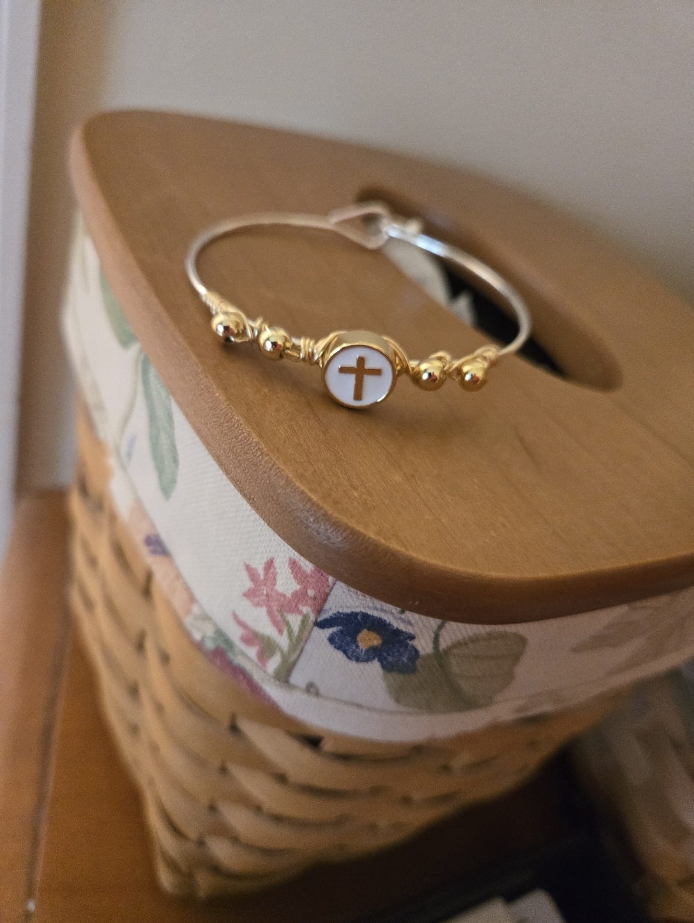 Petals And Pearls Be The Light Cross Beaded Gold Bangle Bracelet